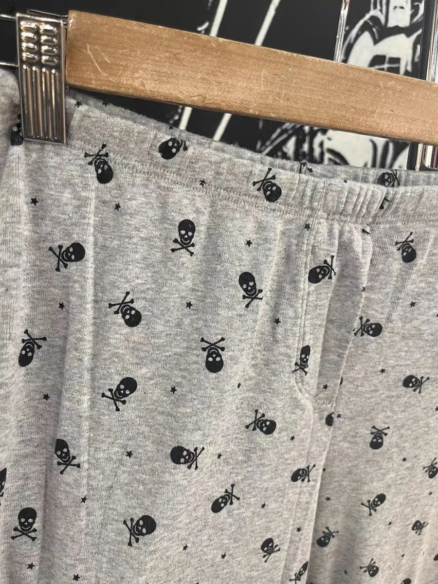 Skull Print Gray Vest Pants 2 Pieces Set Pajama Woman Sleeveless Slim Tank Top High Waist Straight Long Pant Cotton Vintage Sets