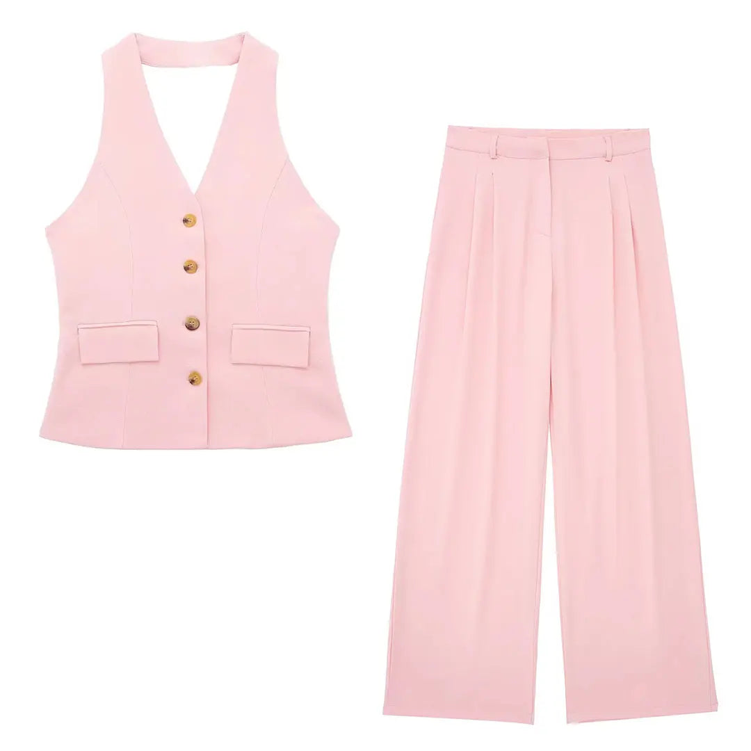 TRAFZA Women Fashion Solid Pant Suit Halter Single Breasted Sleeveless Blazer Vest Top Zipper Fly Trousers Office Lady Sets