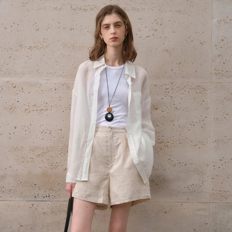 Ladies French 100% Ramie Shirts Spring And Summer Single-Breasted Cardigan Women's Lapel Long-Sleeved White Casual Loose Blouse