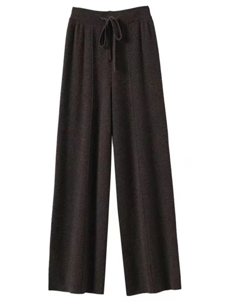 100% Pure Wool Pants Cashmere Wide Leg Trousers Women's Long Britches Knit Loose Daks Casual Pants Autumn Winter High Waist Daks