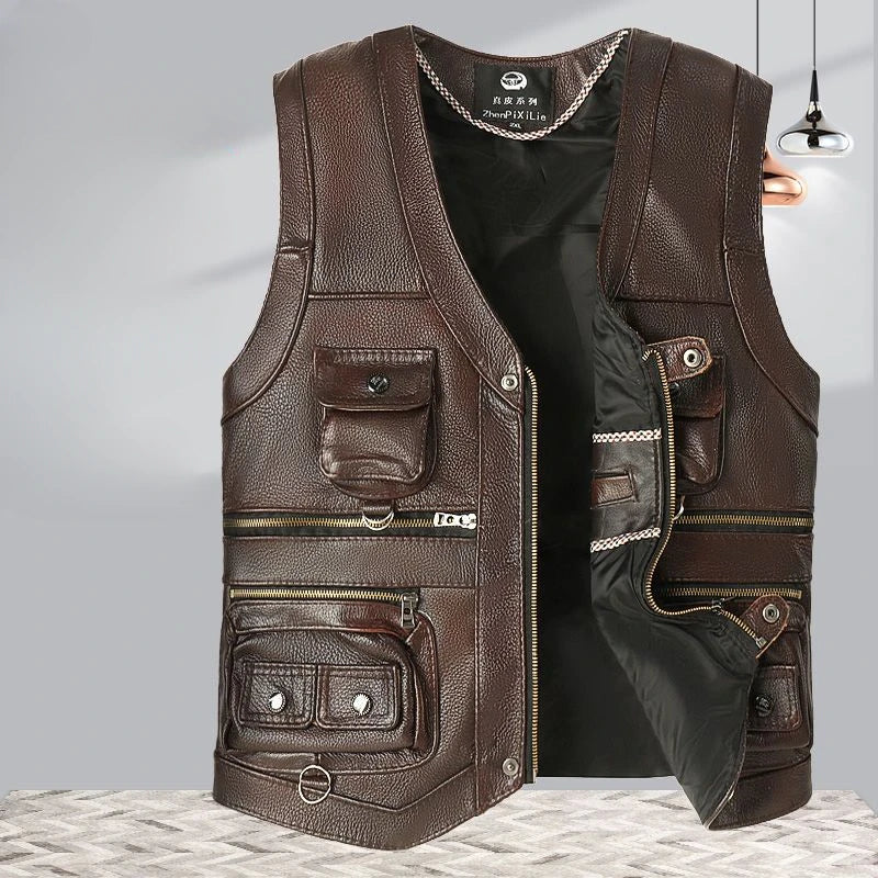 2024 Men Spring Autumn New Cowhide Genuine Leather Vest Mens Slim Fit Real Leather Waistcoat Male Multi Pocket Zipper Vest D372