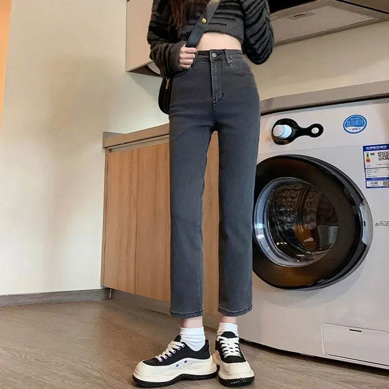Charcoal Grey High-waist Straight-leg Jeans For Women Versatile Slimming Autumn/winter Pants