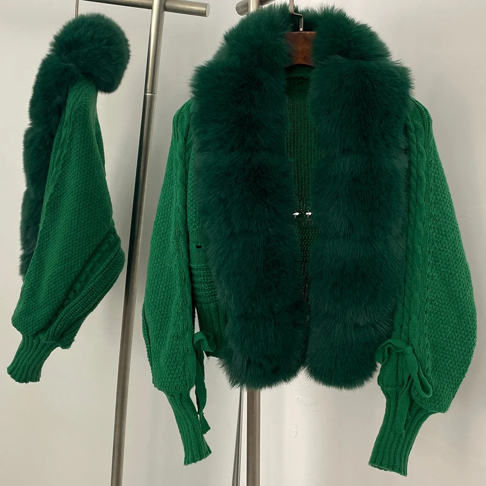 FURYOURSELF 2025 Autumn Winter Women's Short Knitted Sweater with Artificial Fur New Brazilian Best-selling Women's Cardigan