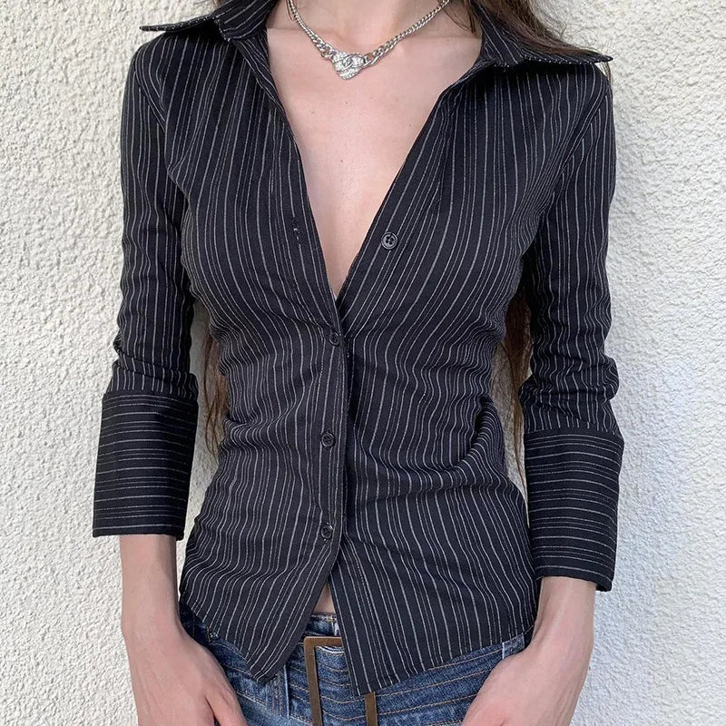 Sexy Elegant Collar Breasted Cardigan Long Sleeved Shirt Slim Fit Versatile Striped Top 2025 Autumn Winter New Fashion Casual