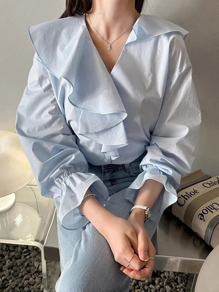 Zoki Sweet Ruffles Korean Shirts Women Loose Design V Neck Elegant Blouse Fashion Long Sleeve Spring Preppy Style Female Tops