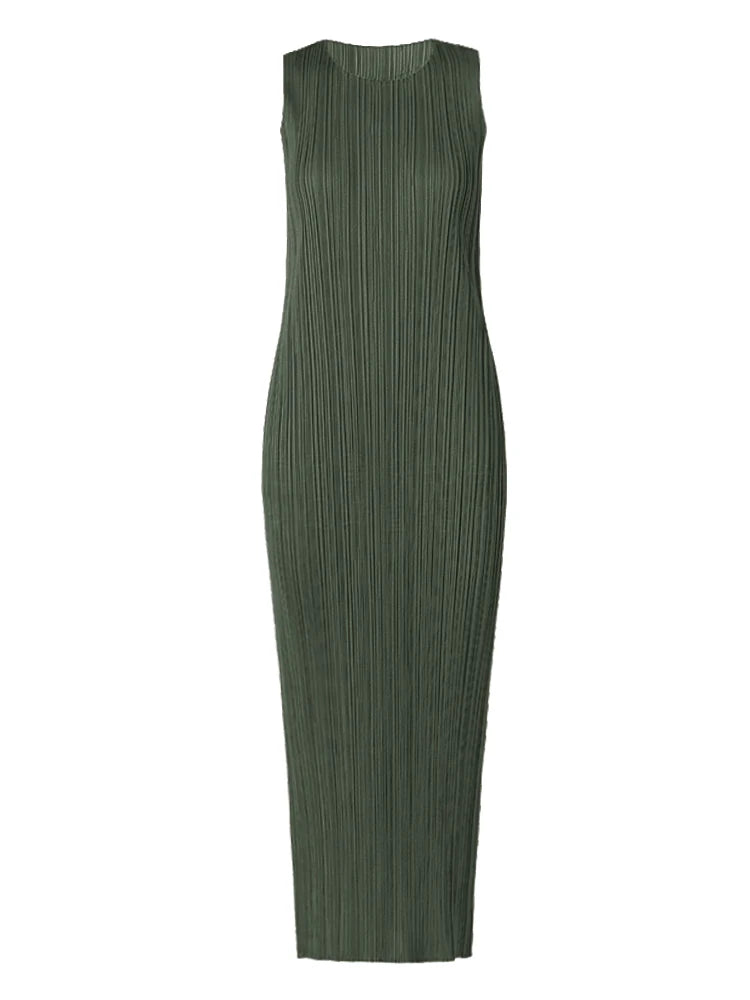 Miyake Pleated Women Dress Summer Sleeveless Long Classic Korean Fashion Casual Elegant Female Lce Water Blue Beach Dress TP5045