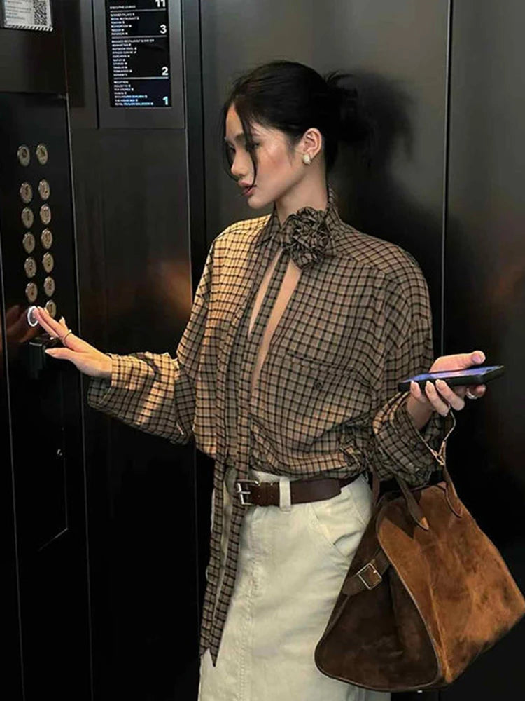 Jmprs Hollow Out Y2K Plaid Shirts Women Streetwear Vintage 3D Floral Lace Up Blouse Gothic Long Sleeve Loose American Casual Top