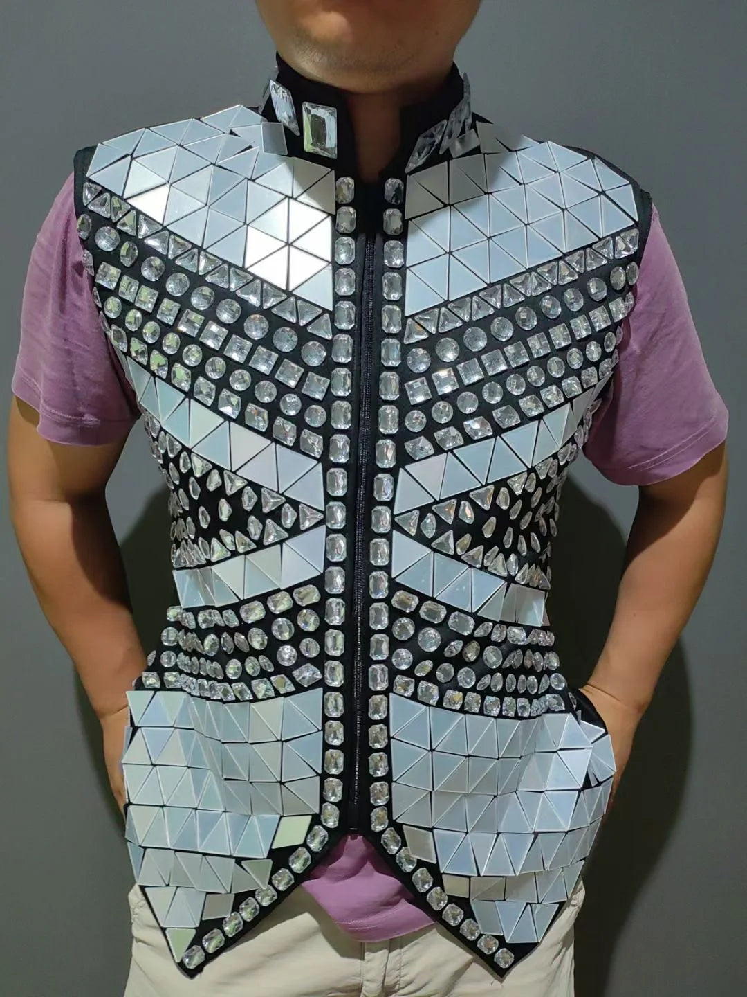Sparkly Rhinestones Male Mirror Waistcoat Bar Nightclub Singer Stage Crystal Sequins Vest Performance Clothes Drum Dance Coat