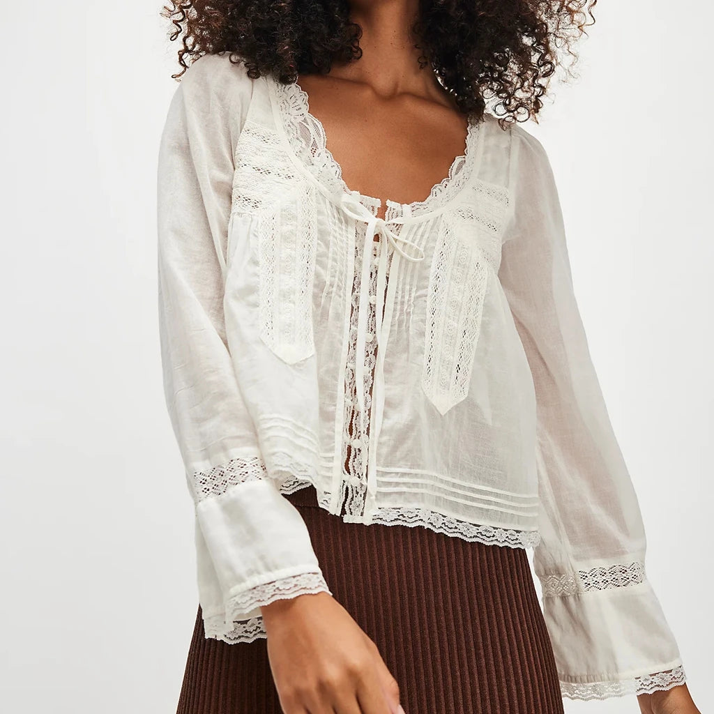 Combhasaki Women's Y2K Fairy Long Sleeve Square Neck Shirts Lace Patchwork See-through Tie-up Front Button-down Blouse Crop Tops