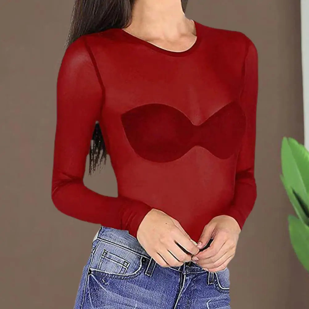 Women Mesh Bottoming Shirt See through O Neck Long Sleeve Lady Blouse Slim Fit Sexy Clear Sun Gauze Tops