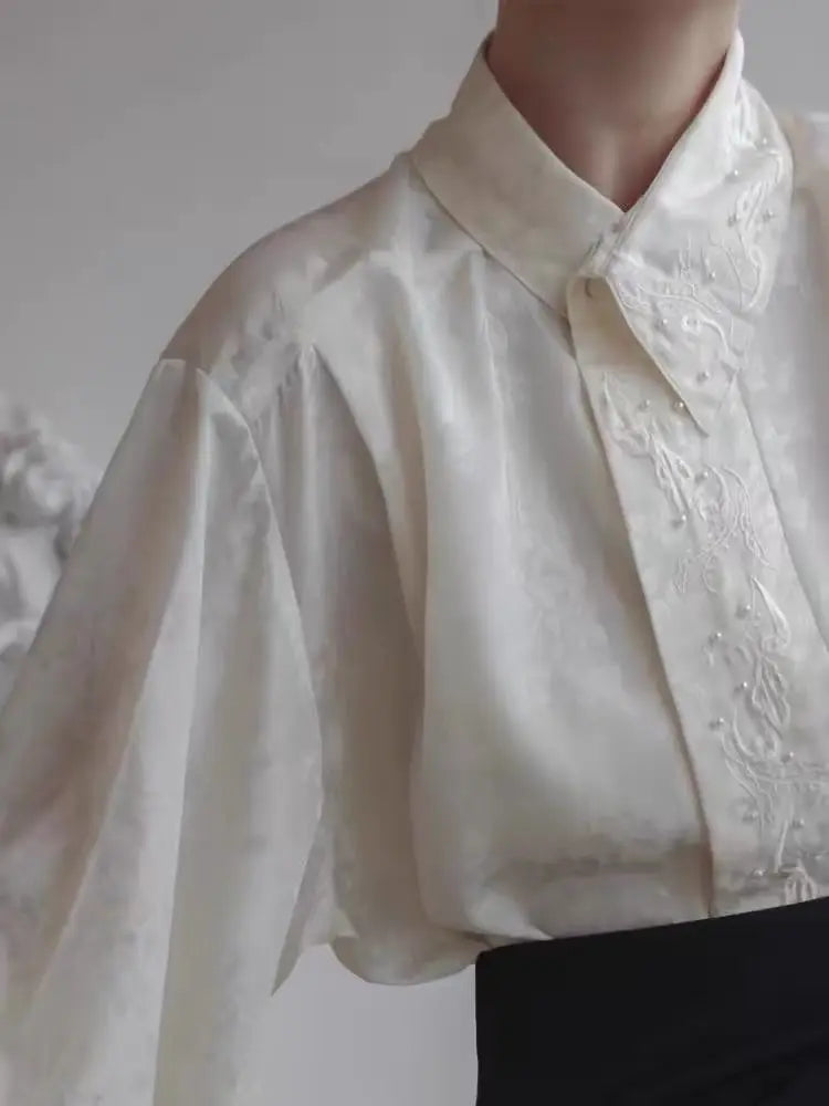 Chinese Style Women's Shirts Vintage Embroidered Blouse Heavy Industry Long Sleeve White Shirt Elegant Ladies Clothes Tops 2024