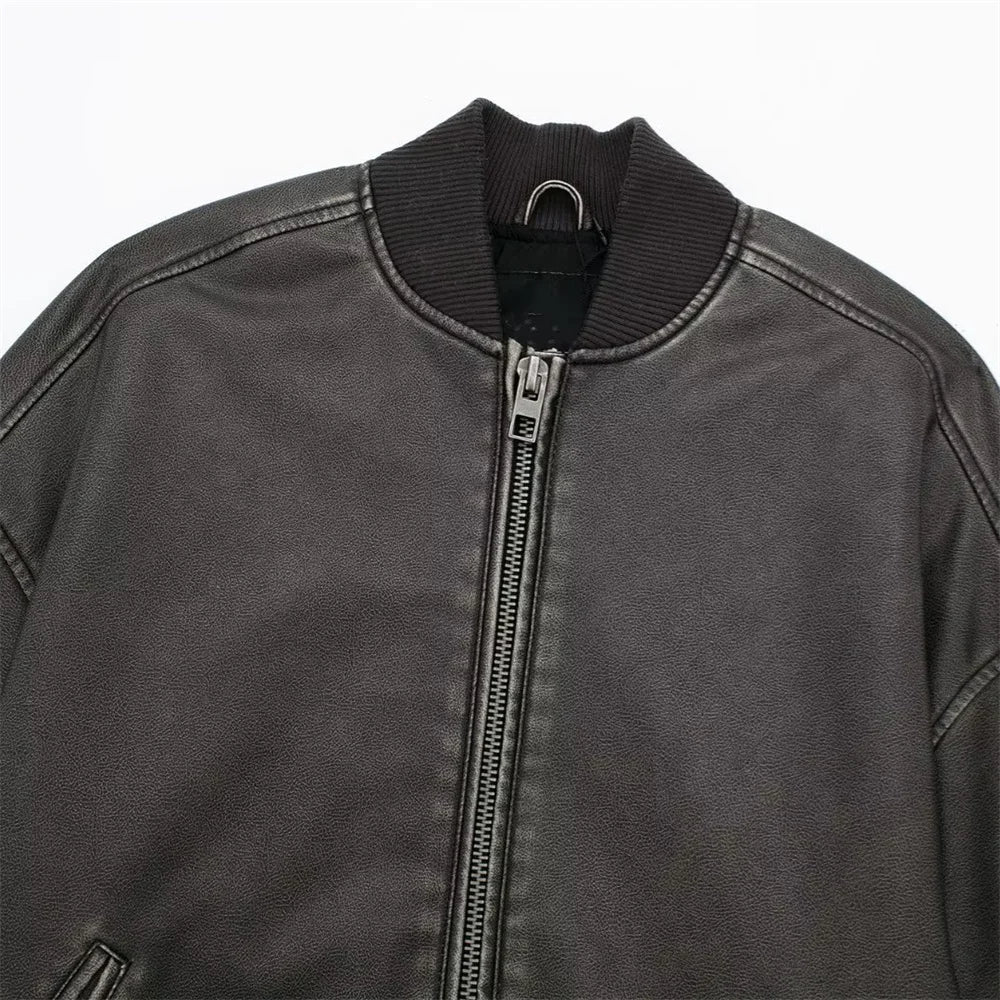 UNIZERA 2023 Autumn/Winter New Women's Wear New Fashion Casual Loose Retro Faux Leather Pilot Jacket Coat
