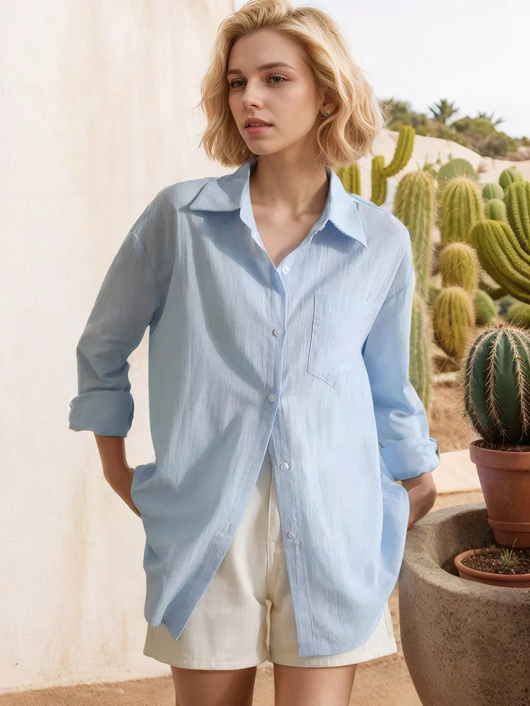 Blue Oversize Women Cotton Linen Shirts And Blouses Long Sleeve Summer Basic White Office Women Shirts Loose Top For Woman Linen