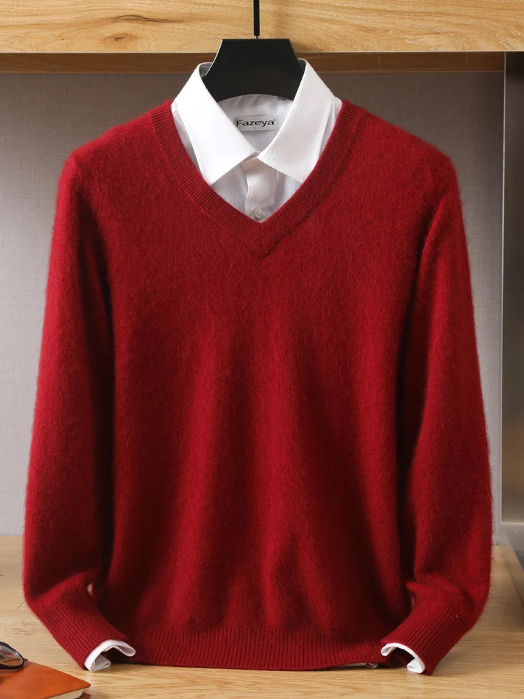 MVLYFLET 2024 NEW Men's 100% Mink Cashmere Sweater V-Neck Pullovers Knit Large Size Winter New Tops Long Sleeve High-End Jumpers