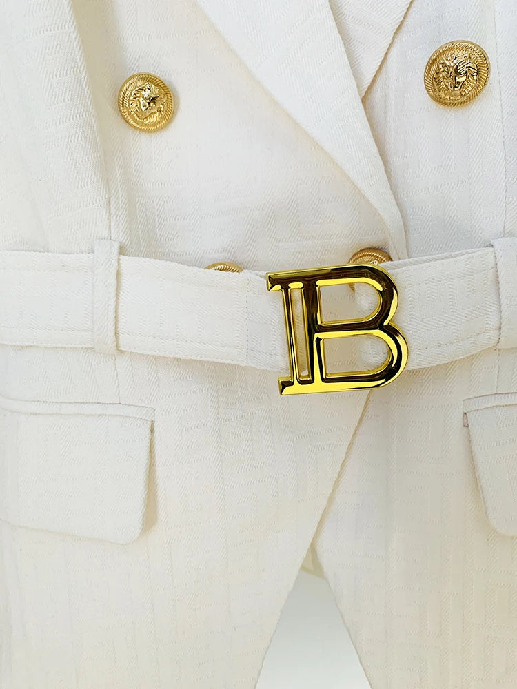 HIGH STREET Newest 2024 Designer Jacket Women's Double Breasted Lion Buttons Monogram Jacquard Belted Blazer