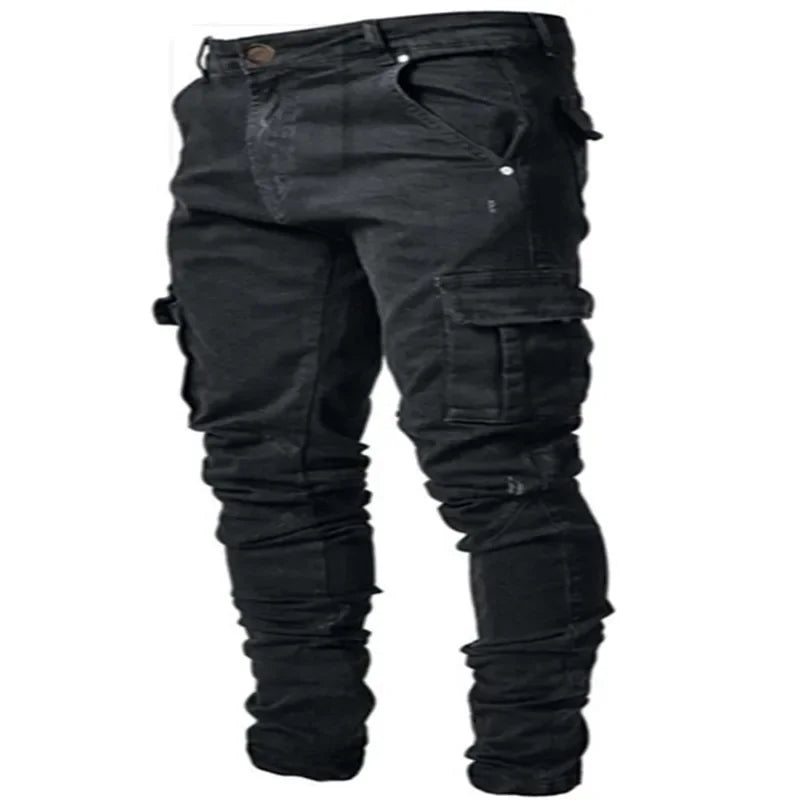 Autumn Winter New Men's Clothing Solid Color Stretch Multi-Bag Skinny Pants Slim Slimming Denim Cargo Pants Jeans