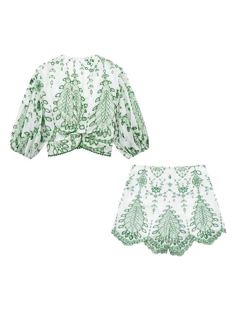 Woman 2 Pieces Shorts Sets 2024 New Fashion Embroidery Short Blouse Summer Women Suit Shorts Two Piece Set Womens Outfits
