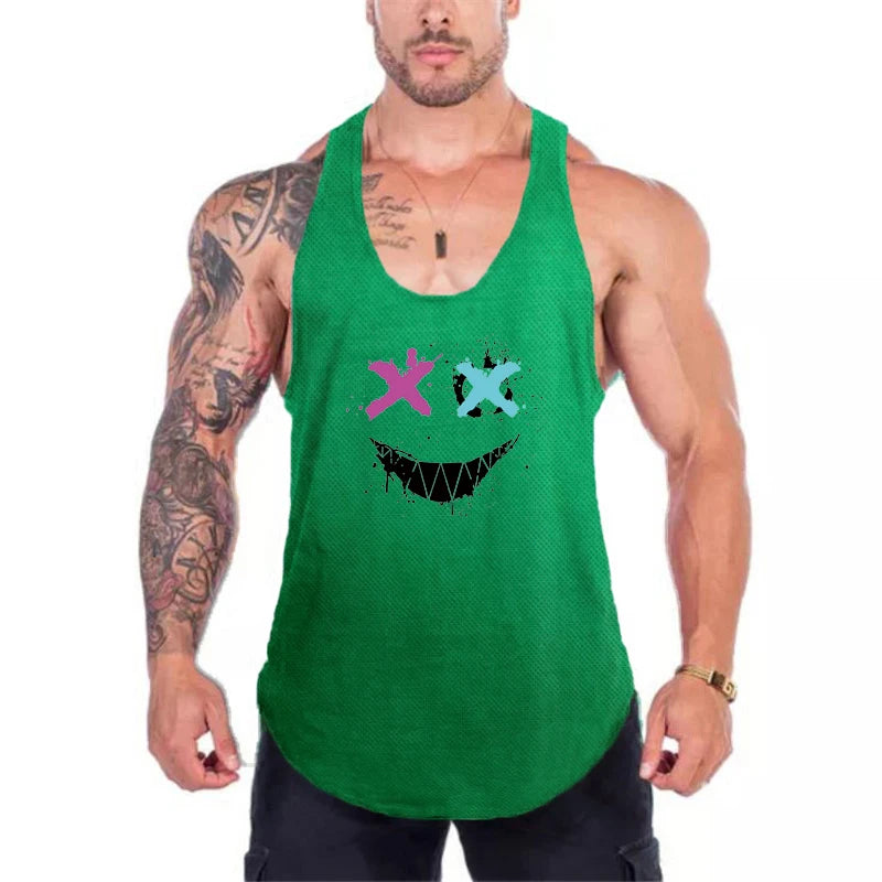 Trendy Personality Funny XX Smile Face Gym Fitness Vest Men Bodybuilding Sleeveless Tank Tops Mesh Quick Dry Racer Back T-Shirt