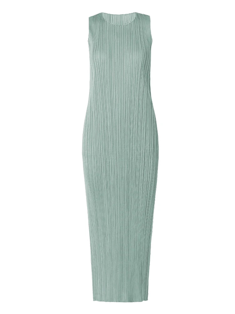 Miyake Pleated Women Dress Summer Sleeveless Long Classic Korean Fashion Casual Elegant Female Lce Water Blue Beach Dress TP5045