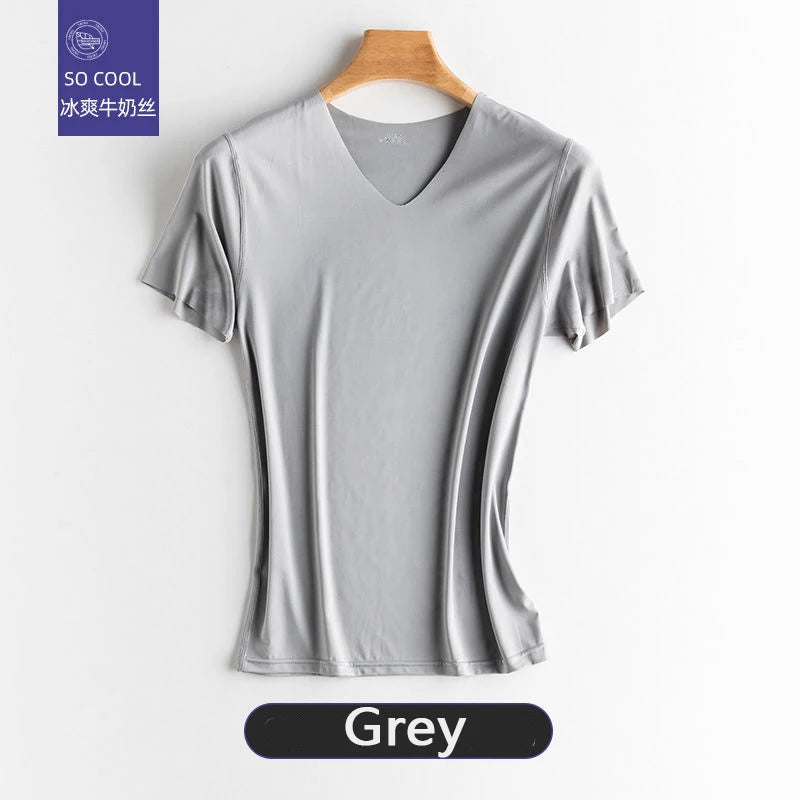 Fashion Summer Seamless Breathable Ice Silk T-Shirt Vest Men's Sports Short Sleeve T-shirt Ice Silk Solid Color V-neck M-5XL