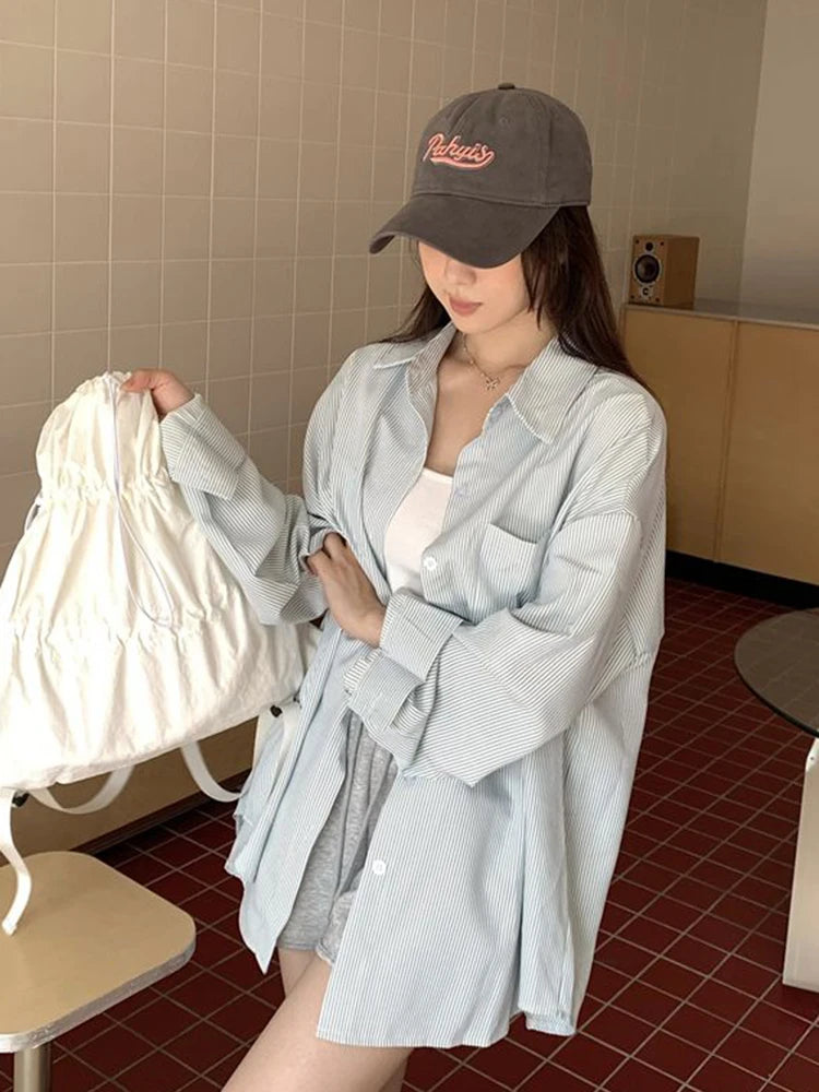 Korean Yellow Striped Shirt Women Lazy Wind Loose Preppy Style Blouse Vintage Long Sleeve Casual Female Sweet Tops New