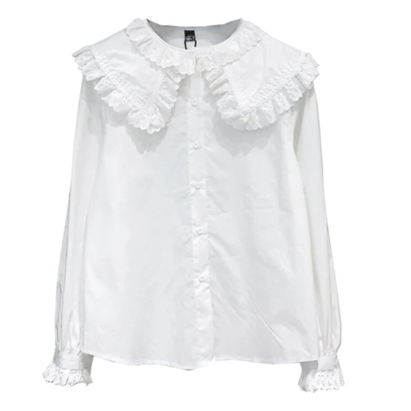 Women Chic Peter Pan Collar Shirts Korean Style Trendy Girl Cute Sweet Ruffles Lolita Lace Blouse Kawaii Lovely Daily Streetwear