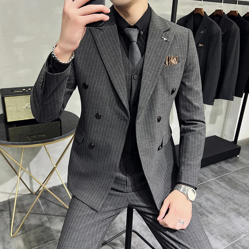 ( Blazer+Vest+Pants ) Groom Wedding Male Suit Luxury Brand Fashion Striped Men's Casual Business Office Double Breasted Suit