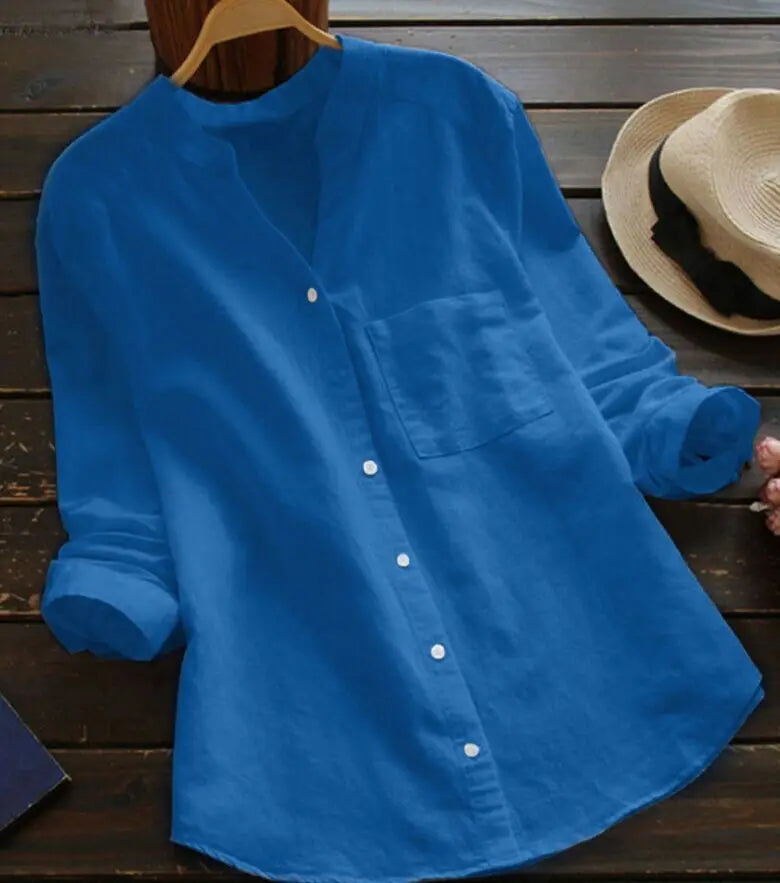 Women's Casual Retro Cotton And Linen Shirts Loose Solid Color V-neck Cardigan Button ladies Yellow White Autumn Shirt Tops