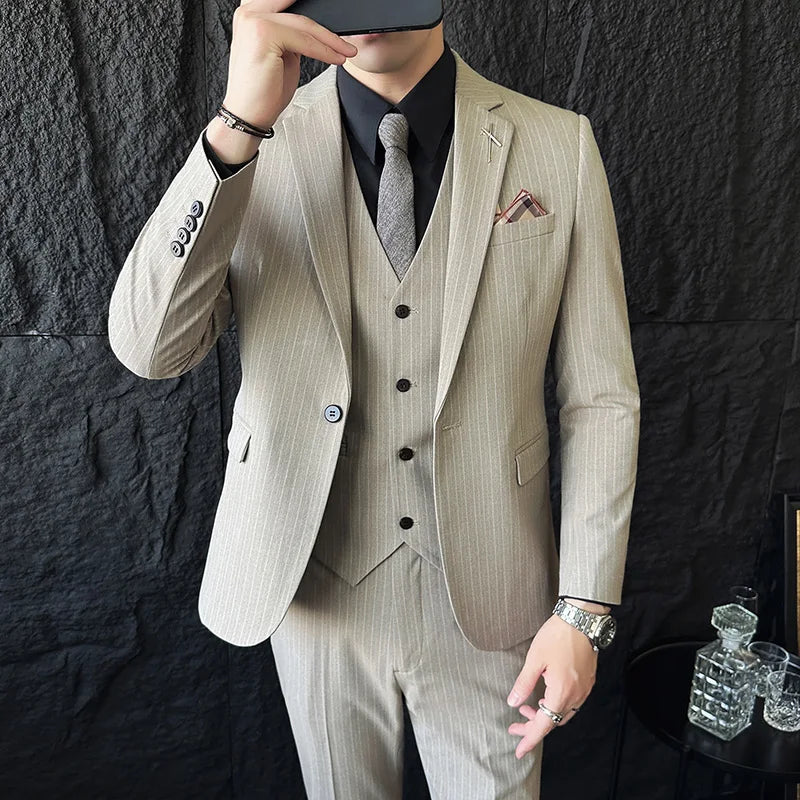 ( Blazer+Vest+Pants ) Groom Wedding Male Suit Luxury Brand Fashion Striped Men's Casual Business Office Double Breasted Suit
