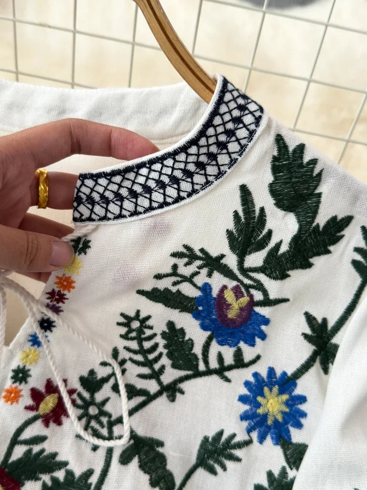 Women's Retro Blouse National Style Embroidered Lace-Up Tassel V-Neck Lantern Sleeve Tops Loose All-Match Female Blusa A21