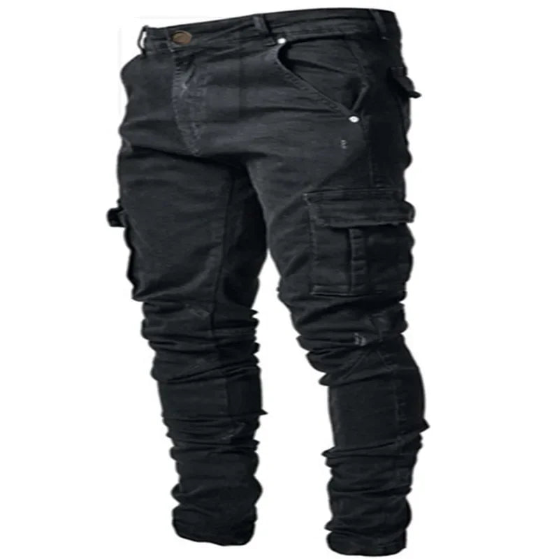 Autumn Winter New Men's Clothing Solid Color Stretch Multi-Bag Skinny Pants Slim Slimming Denim Cargo Pants Jeans