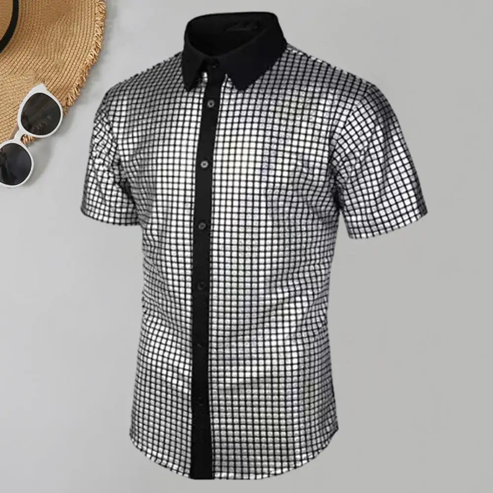 Men Club Shirt Vintage 70s Disco Men's Club Shirt with Reflective Sequins Turn-down Collar Short Sleeve Button Down for Parties