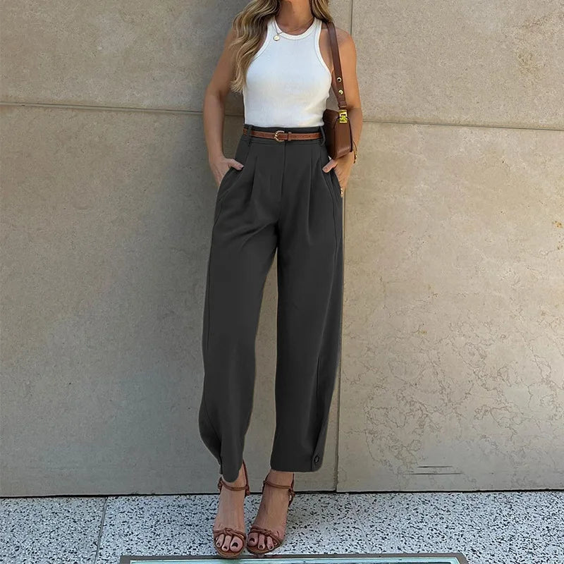 BAMBOOBOY Women Casual Office Lady Ankle Banded Pants Work Solid Color Tailored Draped Simple Ankle-Length Trousers with Pockets