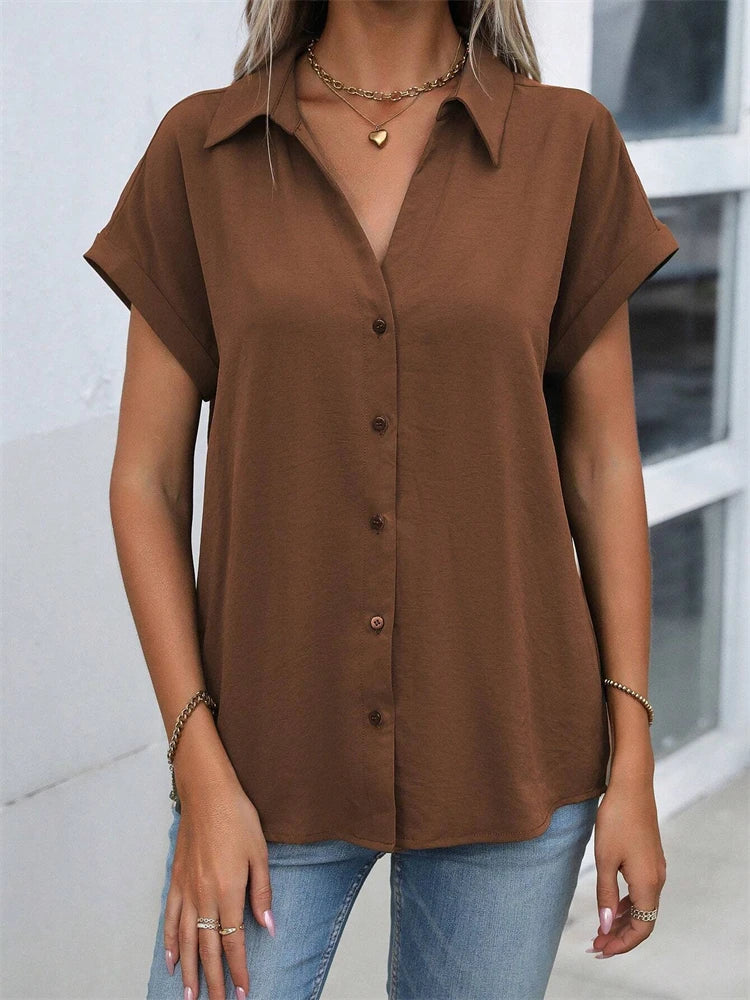 2025 Spring And Autumn New Solid Color Short-sleeved Shirt Fashion Loose Temperament Shirt Folding Blouse Ms. Home Rest Shirt