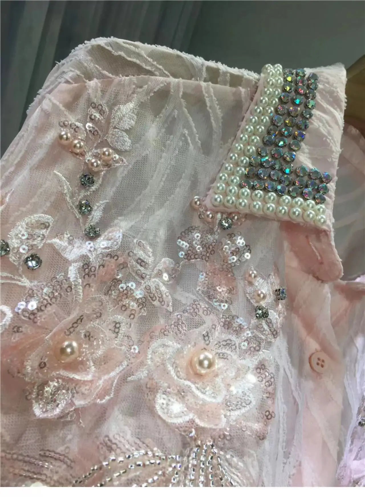 New In Oversized Beaded Sequined Stitch Button Up Blouses Shirts Women's Long Sleeve Mid-Length Pink White Shirt Top