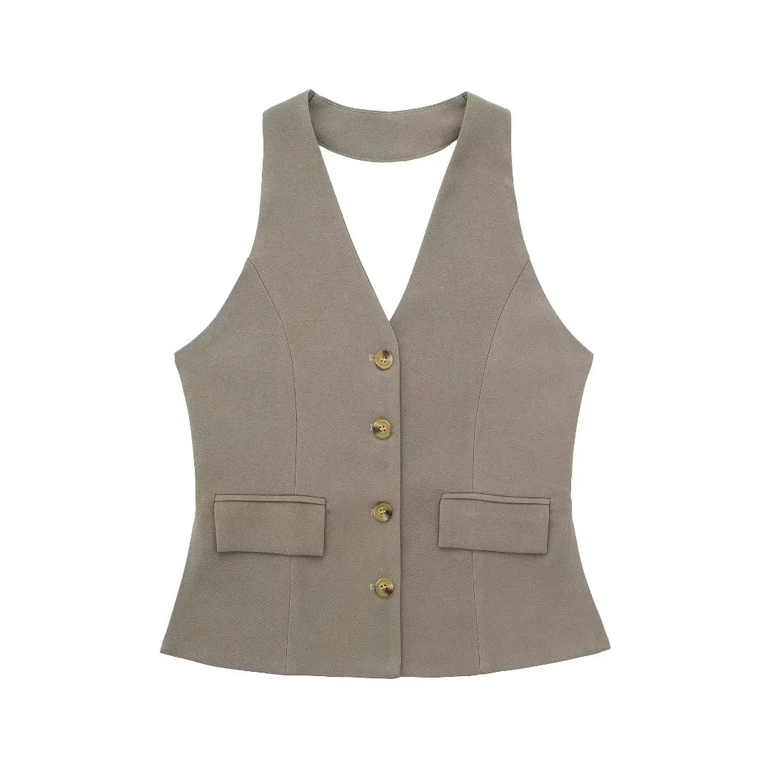 TRAFZA Women Fashion Solid Pant Suit Halter Single Breasted Sleeveless Blazer Vest Top Zipper Fly Trousers Office Lady Sets