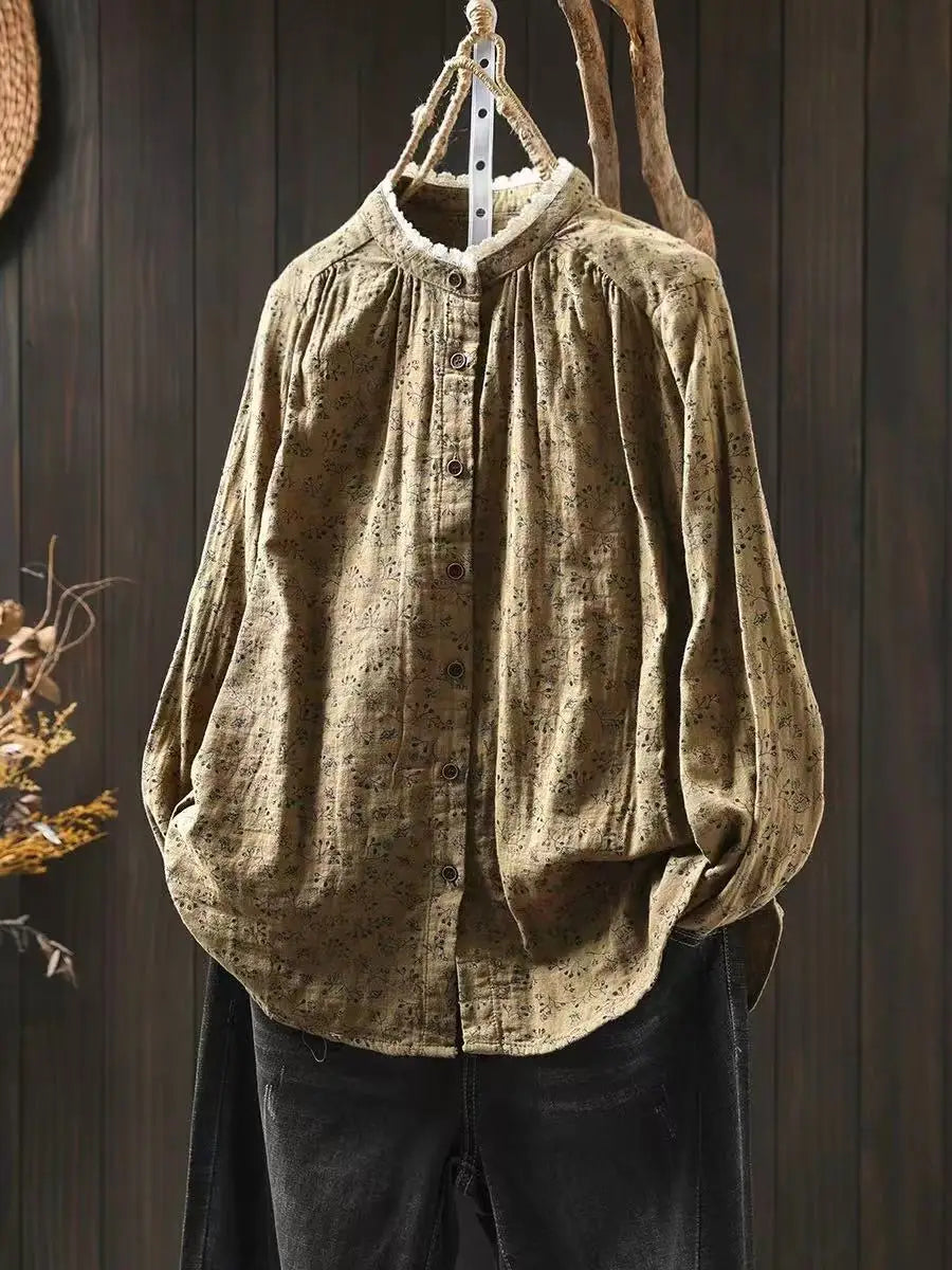 Women Long Sleeve Cotton Shirt New Arrival 2024 Autumn Vintage Style Lace Stand Collar Loose Female Casual Tops Shirts M283