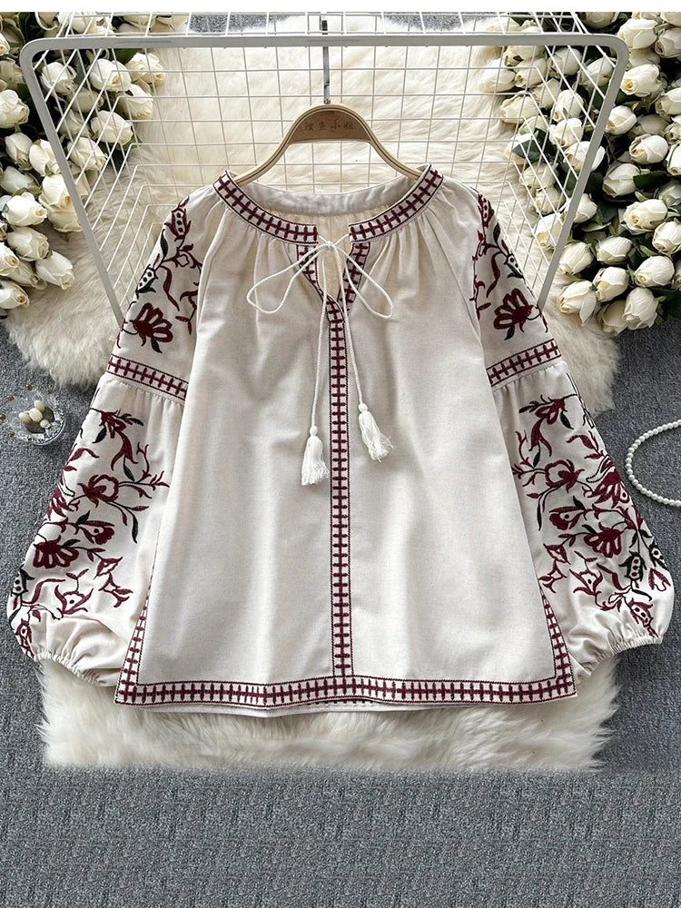 Women's Retro Blouse National Style Embroidered Lace-Up Tassel V-Neck Lantern Sleeve Tops Loose All-Match Female Blusa A02