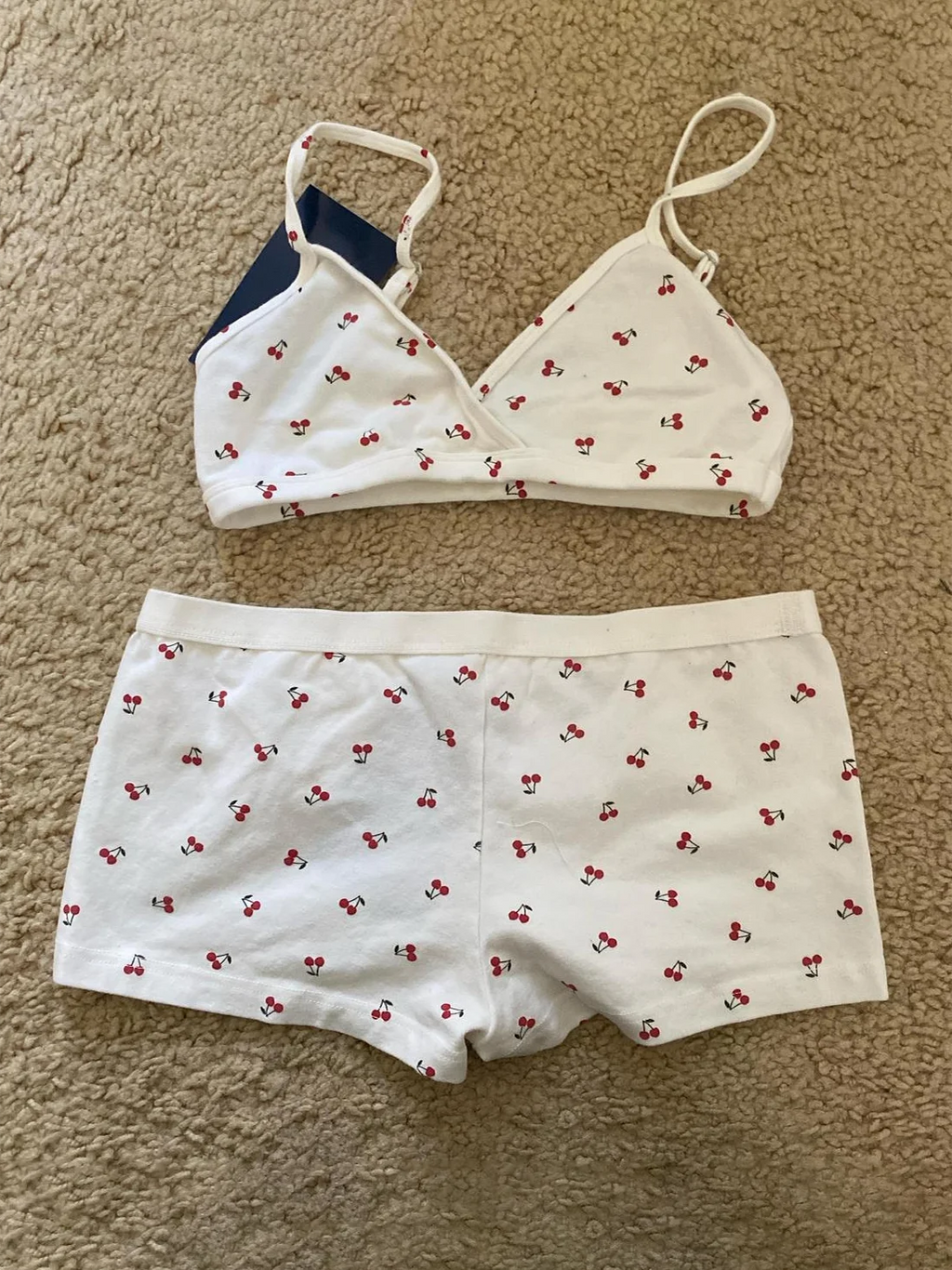 New Cherry Cotton Bra Shorts 2 Pieces Set Women Sexy V-neck Slim Bras with Straight Short Pants Casual Sweet Home Pajama Sets