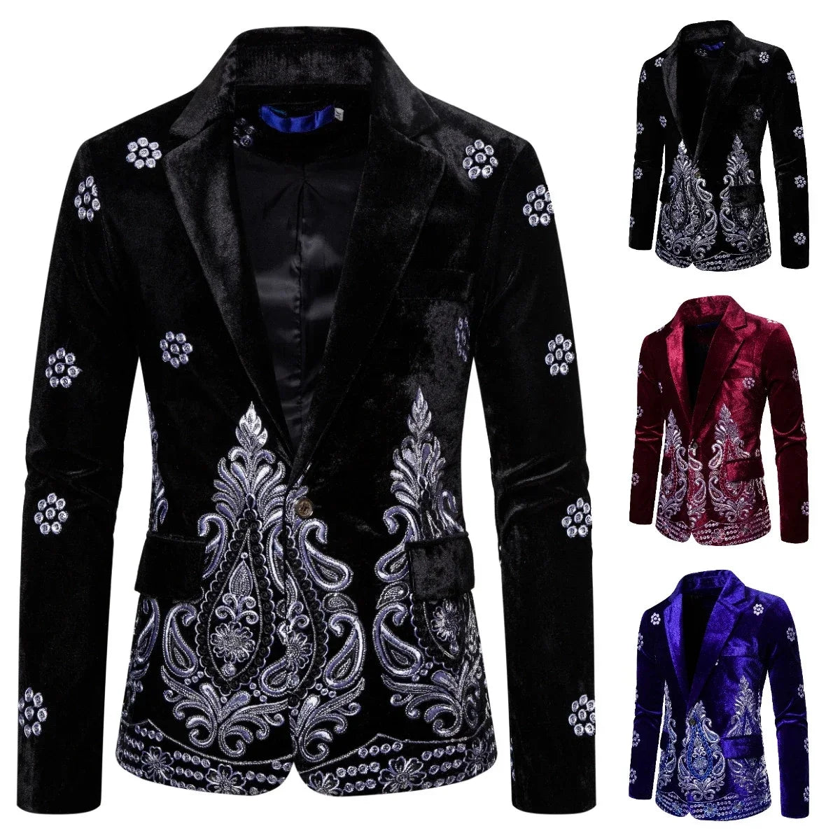 New Men's Luxury Blazer Costume Stage Jacket Suit Male Velvet One button Gold Thread Embroidered Dress Suits for Men