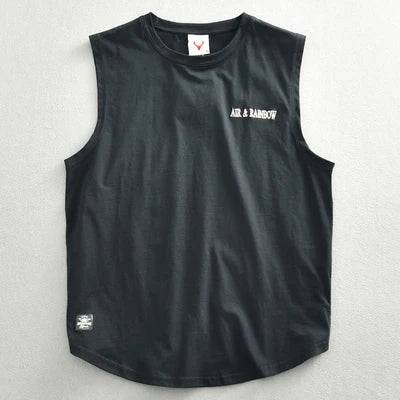 Summer New American Retro Sleeveless O-neck Letter Embroidery T-shirt Men's Fashion 100% Cotton Washed Casual Sports Vest Tops