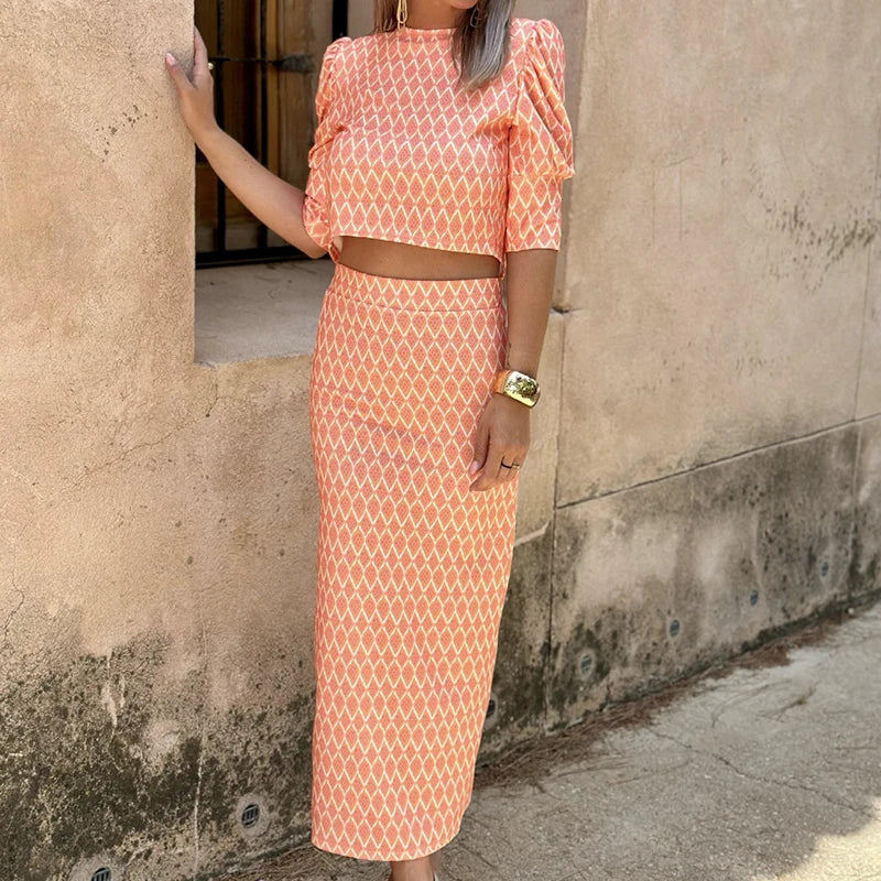 Chic Geometry Print Puff Sleeve Top+Dress Set Temperament O Neck Backless Evening Cloth 2pc Set Summer Fashion Slit Skirt Suits