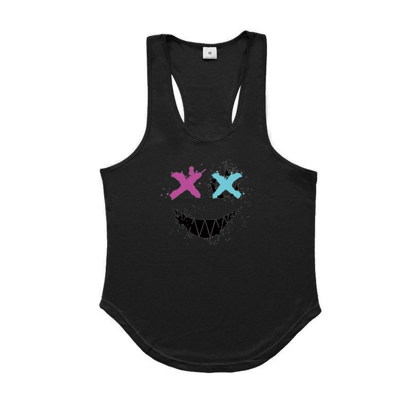 Trendy Personality Funny XX Smile Face Gym Fitness Vest Men Bodybuilding Sleeveless Tank Tops Mesh Quick Dry Racer Back T-Shirt