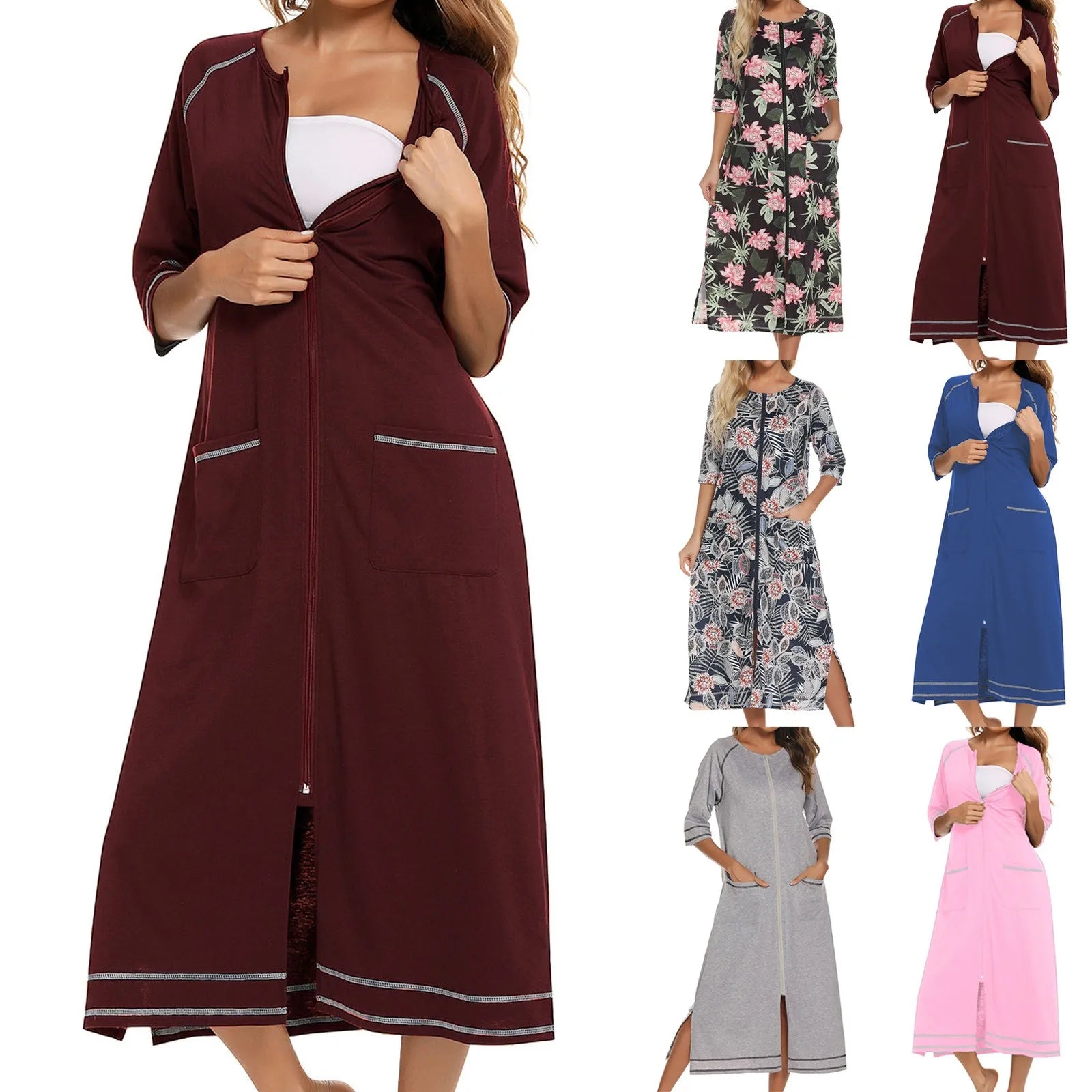Summer Dresses For Women 2024 Zipper Front Robe Half Sleeve Bathrobe Full Length Soft Cotton Duster Dress With Pockets Home Wear