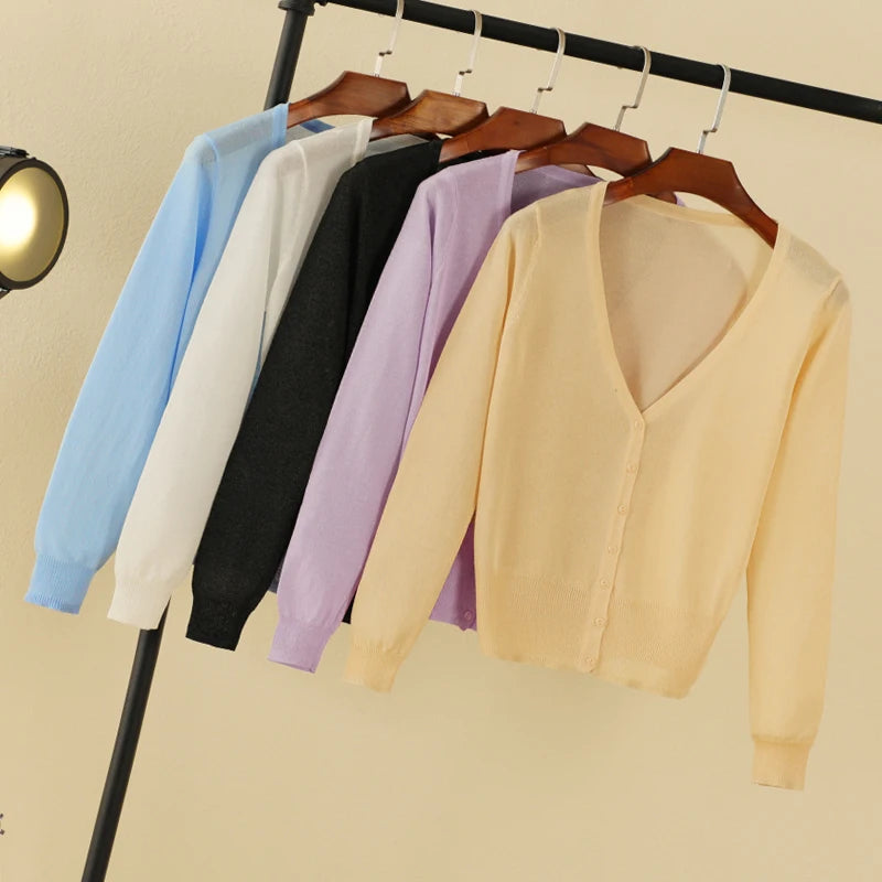 Summer Cardigan Women Cropped Korean Fashion Style Female Black Women's Coat Clothing V-neck Ladies Sweater Outerwear Cute Basic