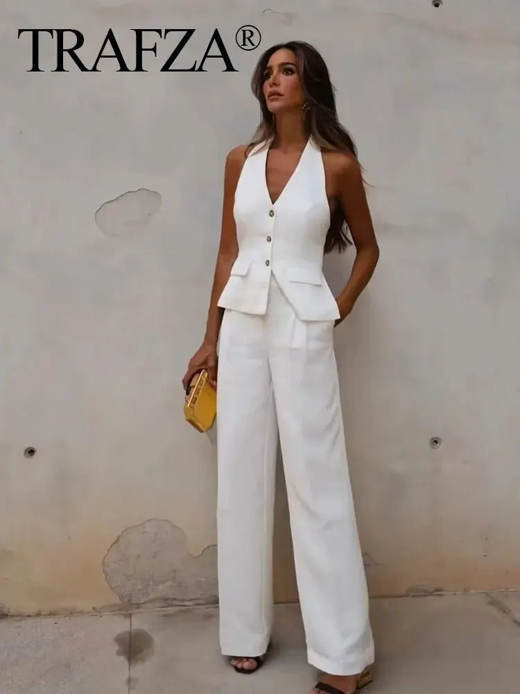 TRAFZA Women Fashion Solid Pant Suit Halter Single Breasted Sleeveless Blazer Vest Top Zipper Fly Trousers Office Lady Sets