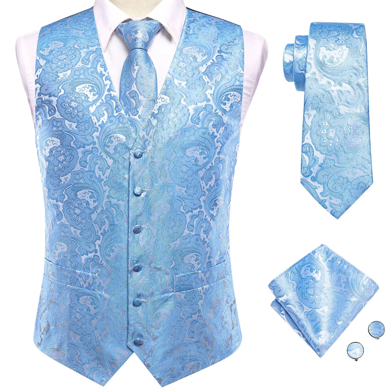 Hi-Tie Navy Blue Mens Vest Formal Silk Paisley Waistcoat Jacket Tie Handkerchief Cufflinks Set For Male Dress Suit Wedding Party