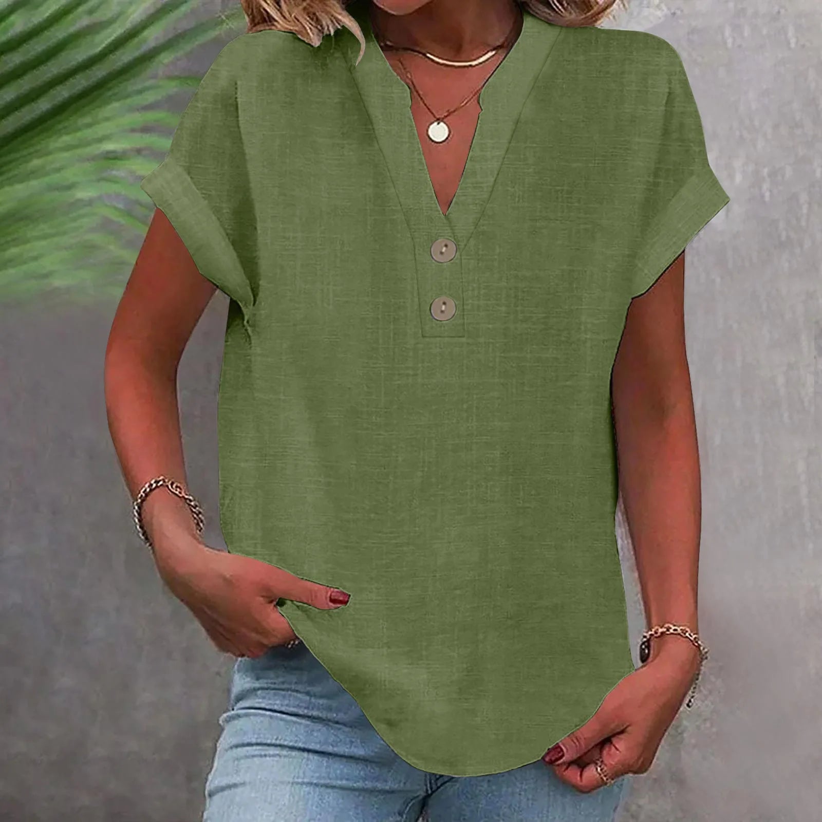 2025 Summer Cotton Linen Breathable Solid Color Button Down V-neck Shirt Basic And Versatile Casual Comfortable Lady Office Tops