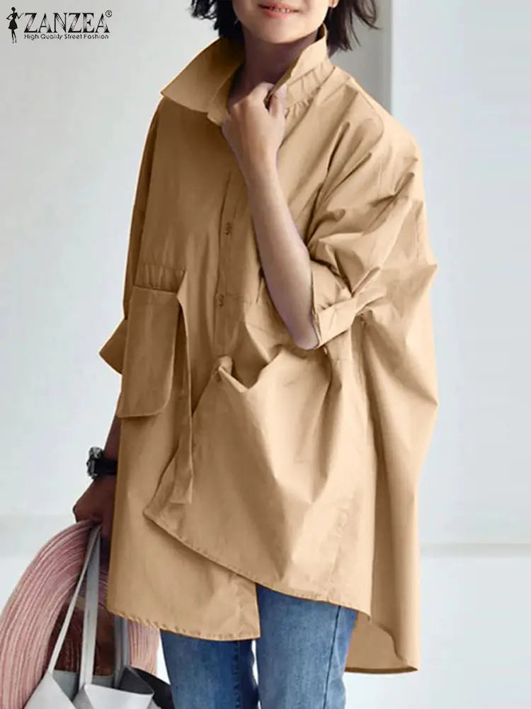 2025 ZANZEA Women Oversized Shirt Autumn Fashion Loose Long Sleeve Collared Blouse Elegant Casual Solid Chemise Tops Streetwear