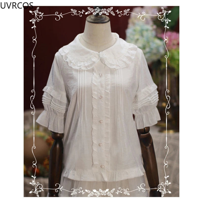 Sweet Lolita Woman Blouses 2022 Loose White Shirt Lace Bow Short Sleeve Tops Women's Korean Clothing Summer Chic Female Blouse